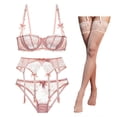 thumbnail image 1 of Conjunto de sujetador de 4 piezas de encaje sexy de media copa, ropa interior de mujer, medias con liga, 1 of 6