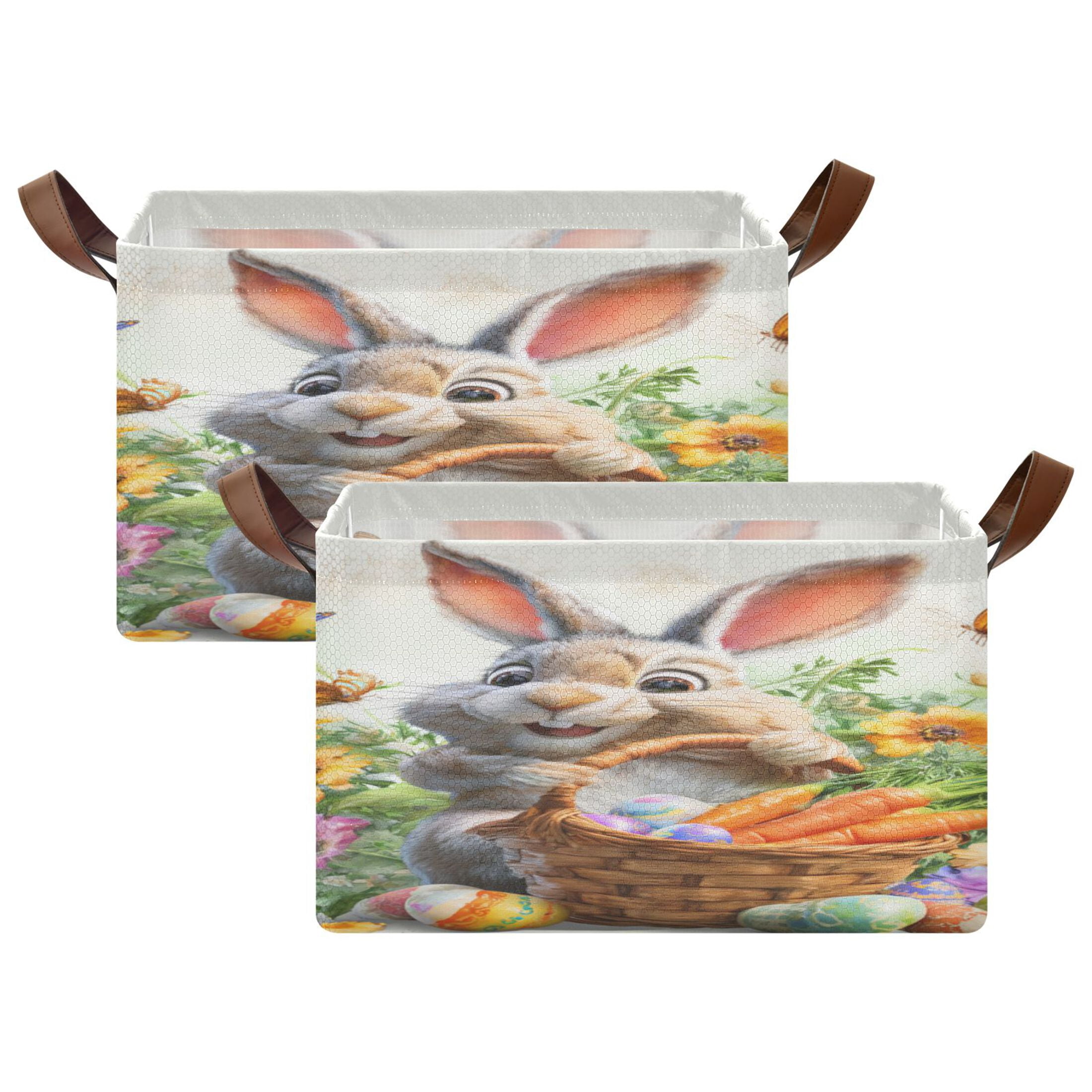 WobogoCartoon Easter Bunny Storage Basket 16.9×11.4×10in Collapsible Oversized with Metal Iron Frame
