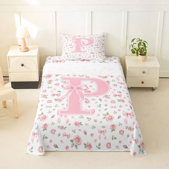 Feelyou Pink Bow Letter P Twin Sheets for Girls, Spring Rose Floral Bedding, 3-Piece, 1 Flat Sheet, 1 Fitted Sheet and 1 Pillowcase