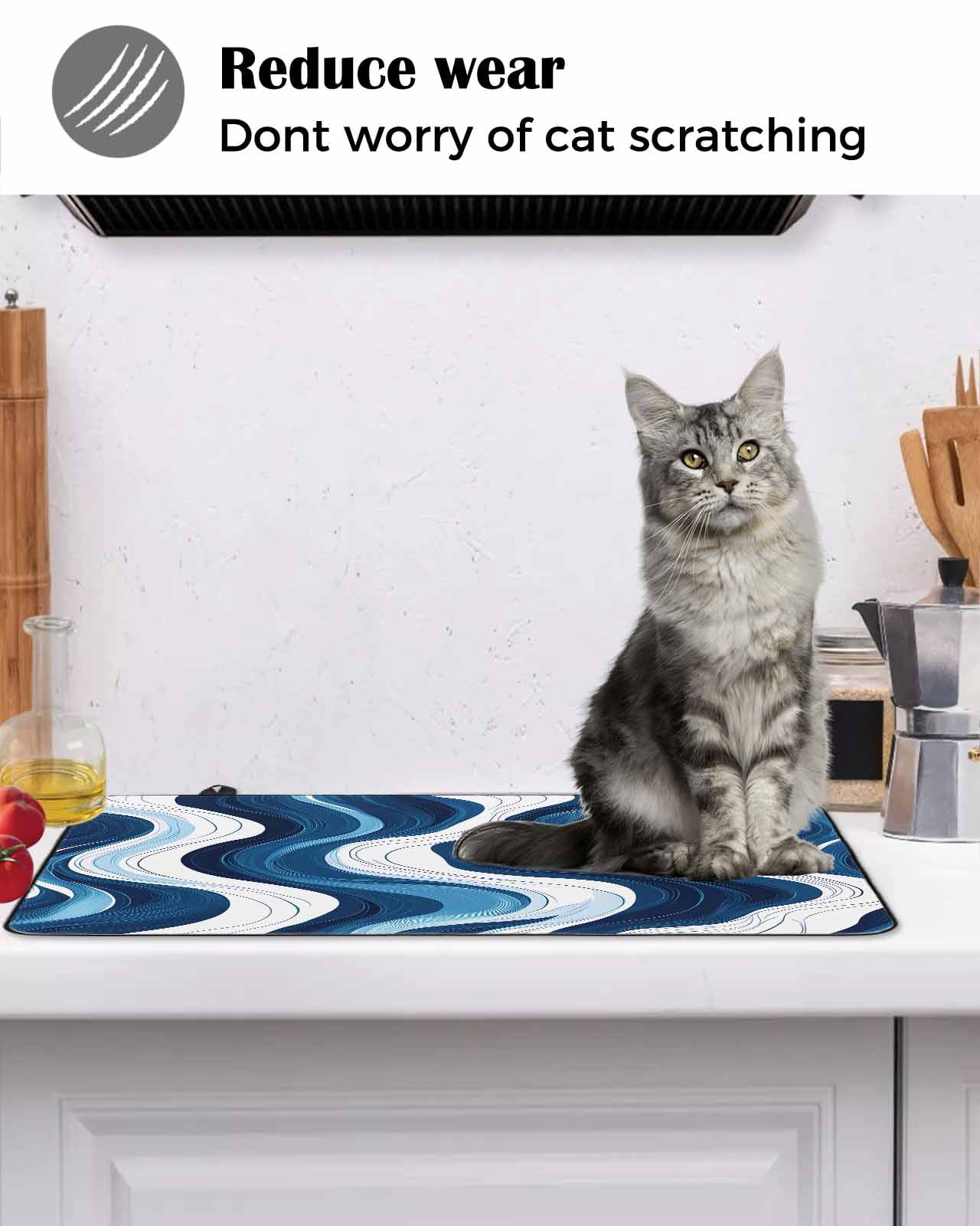 nqOlkjepod Large Induction Cooktop Protector Mat 24"x21", Blue Stripe Stove Top Covers for Electric Stove, Geometric White Coastal Wave Modern Ocean Stove Burner Cover Mats, Glass Top Stove Cover