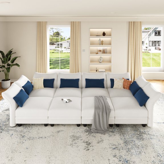 LLappuil 128" Modular Sectional Sofa, 8 Seat Modular Sectional Sofa with 2 Storage Ottoman, 25.6“ Seat Deep Sofa White