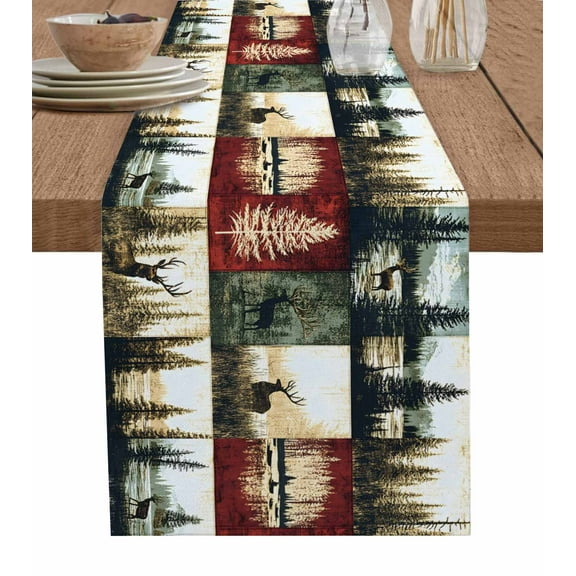 Forest Reindeer Table Runner 70 Inches, Country Rustic Green Red Patchwork Bed Runner Dresser Scarves Tabletop for Indoor Outdoor Parties/Ceremony/Banquet, 13" x 70"