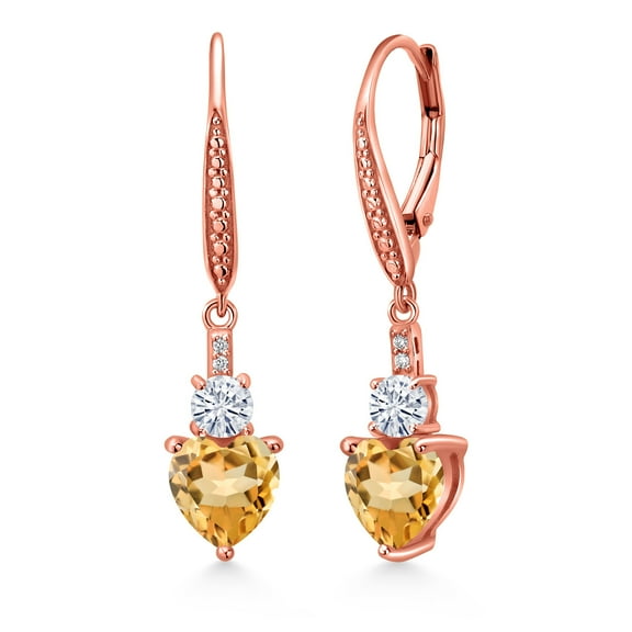 Gem Stone King 18K Rose Gold Plated Silver Yellow Citrine White Moissanite and White Lab Grown Diamond Drop Dangle Earrings for Women (2.49 Cttw, Heart Shape 7MM, Round 4MM)