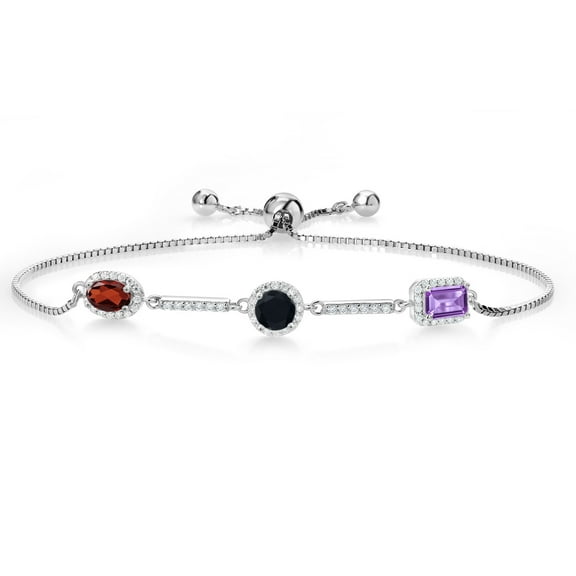 Gem Stone King 925 Sterling Silver Red Garnet Black Onyx and Purple Amethyst Tennis Bracelet for Women (1.57 Cttw, Gemstone Birthstone, Fully Adjustable up to 9 inch)