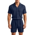 thumbnail image 6 of Bpyeka Men's Casual Two-Piece Set, Camp Collar Button-Down Shirt & Drawstring Shorts, Herringbone Jacquard Textured Co-Ord Outfit, S-2XL, 6 of 9