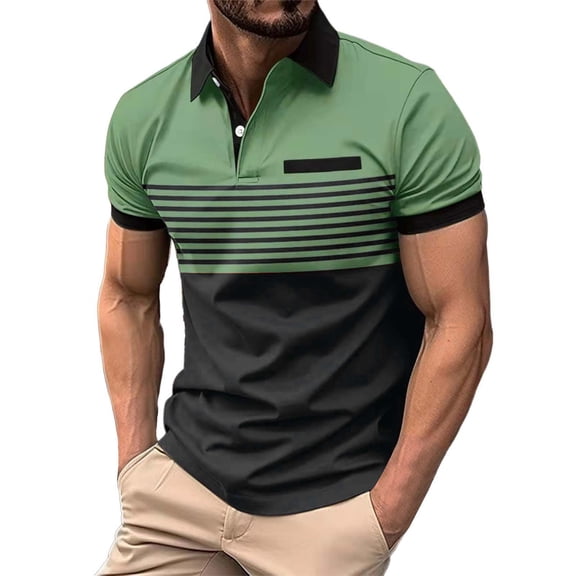 SNOWSONG Collared Shirts Short Sleeve,Polo Shirts Men's Fashion Casual Colorblocked Striped Button Down Short Sleeved T Shirt Tops ,Dry Fit Tshirts,Men Apparel Green L