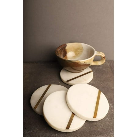 Marble Coaster, White Marble Coaster, Set of 4, Handmade Coaster with Brass Inlay,  4-inch