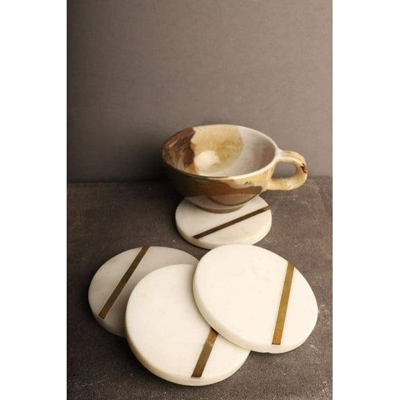 Marble Coaster, White Marble Coaster, Set of 4, Handmade Coaster with Brass Inlay,  4-inch