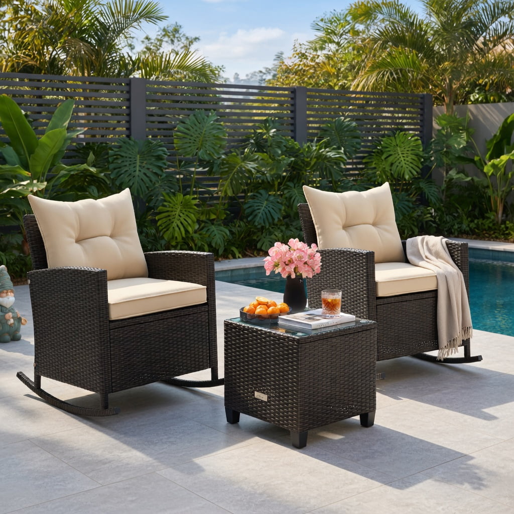 Hommoo 3-Piece Outdoor Rattan Rocking Chair Set with Tempered Glass Coffee Table & Removable Cushions, Weather-Resistant PE Wicker Patio Furniture for Backyard, Poolside & Porch, Brown
