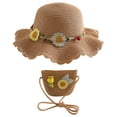 thumbnail image 1 of Sombrero de paja para mujer con circunferencia de 56-58cm, sombrero de ala grande, sombrero de playa para deportes al aire libre, sombrero para el sol con borde ondulado y conjunto de bolsa de paja, 1 of 5