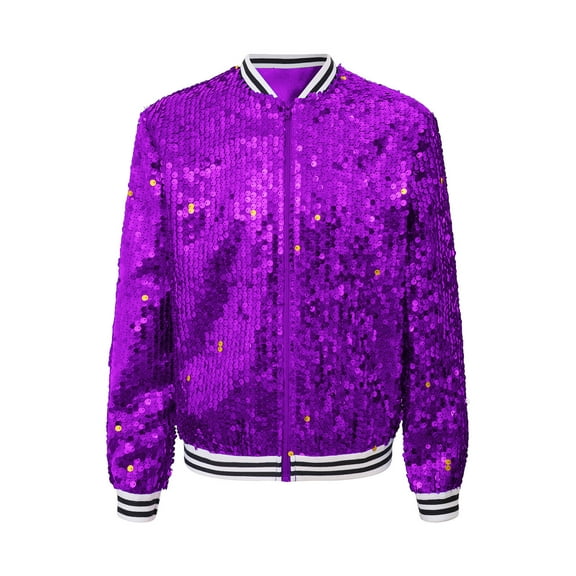 ranrann Kids Girls Sequin Jacket Long Sleeve Zipper Up Party Glitter Bomber Jacket Outwear Purple 12