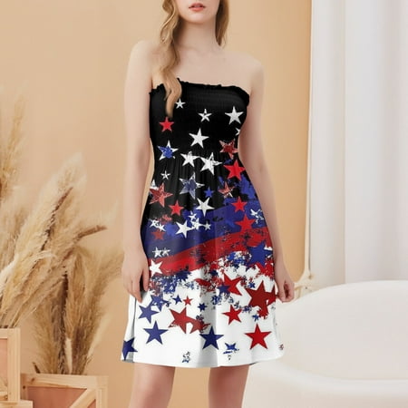 CHCNHAC Sundresses for Women 2025 Independence Day Patriotic Dresses American Flag Print Cute Flowy Swing Strapless Beach Dress Deep Red L