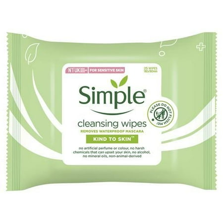 Simple Sensitive Skin Experts Kind To Skin Cleansing Facial Wipes, Waterproof Mascara Remover, Even Softer, 25 Count, (4 Pack) Packaging May Vary - Pack of 2