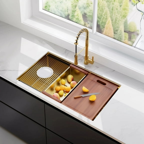 32 Gold Undermount Workstation Kitchen Sink-32 x 19 Inch 16 Gauge Stainless Steel Undermount Kitchen Sink Handmade R10 Radius 10 Inch Deep Undermount Single Bowl Sink with Custom Accessories