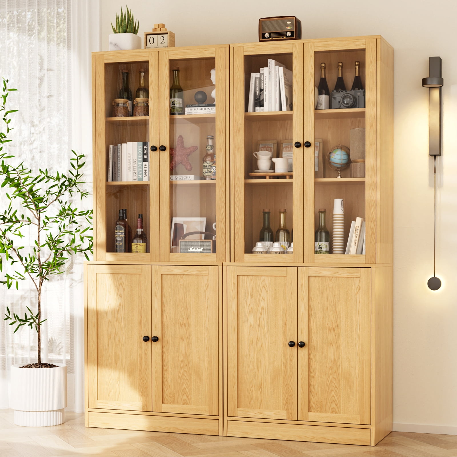 RichYa 4Pcs Kitchen Pantry Storage Cabinet,Modular Furniture Cabinets with Display Glass Doors,Hutch Buffet Cabinet with Drawers for Dining Room,Wood