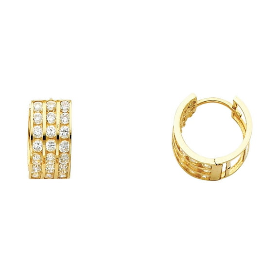 Solid 14k Yellow Gold Huggie Hoops Earrings Round CZ Three Row Pave Set Huggies Polished Small 14 mm