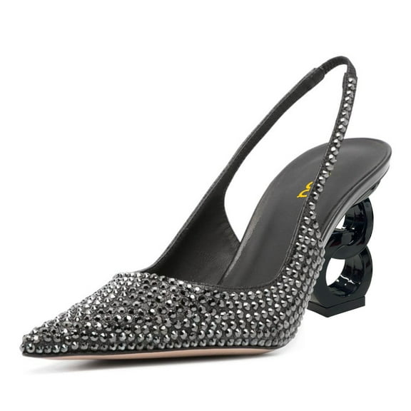 FSJ Women Chain Chunky Block Heel Pointed Closed Toe Slingback Sandals Slip On Sparkly Rhinestones Upper Summer Pumps Dress Party Shoes Size 8 Black