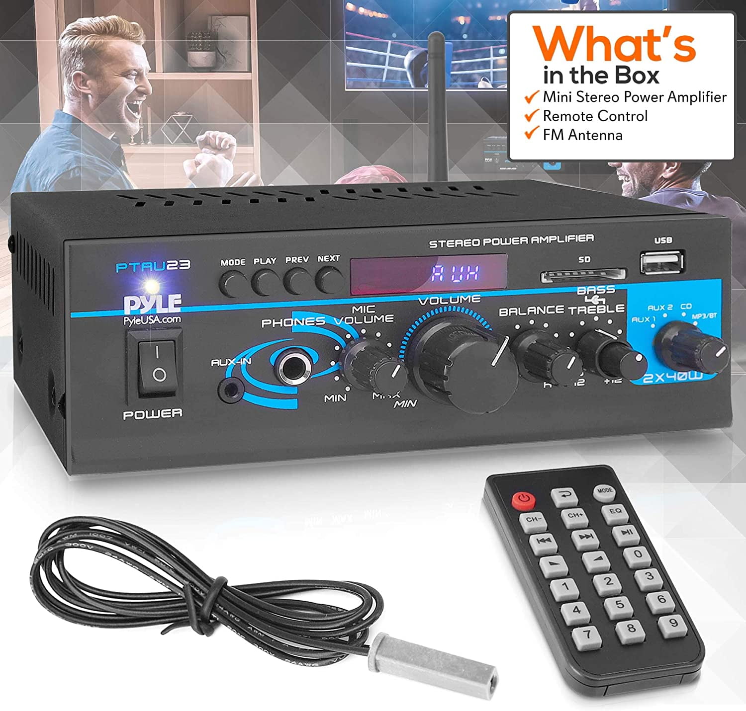 Pyle PTAU23.5 - Mini Stereo Power Amplifier - 2 x 40 Watt with USB, Aux, CD & Mic Inputs PTAU23.5