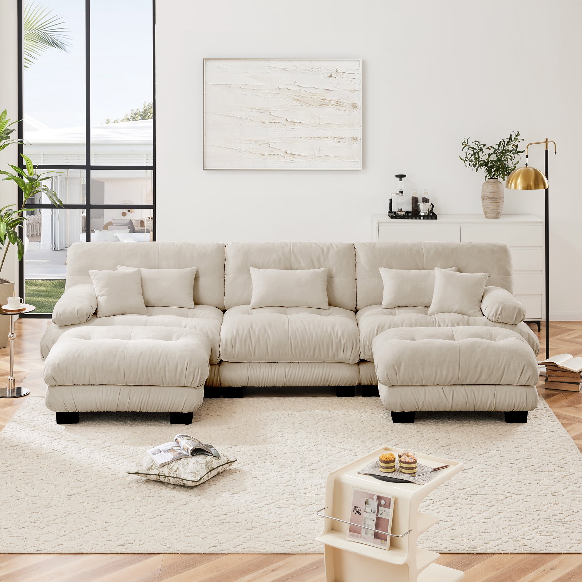 MAYEERTY 133.8in Chenille Sectional Sofa Couch, Oversized Modular U Shaped Cloud Couch with 2 Ottomans for Living Room, Light Coffee