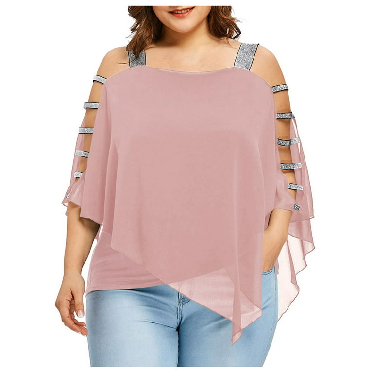 NILLLY Dressy Tops for Women Sexy Women Fashion Plus Size Ladder Cut  Overlay Asymmetric Blouse Straplesst Tops Ladies Top Pink / 5XL 