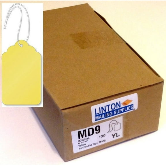 #9 Merchandise Tag (3.25" x 2 / 3-1/4" x 2"), Yellow 12-Pt. Cardstock, Scalloped Top w Hole, 4" Knotted String Attached - Box of 1,000 Tags