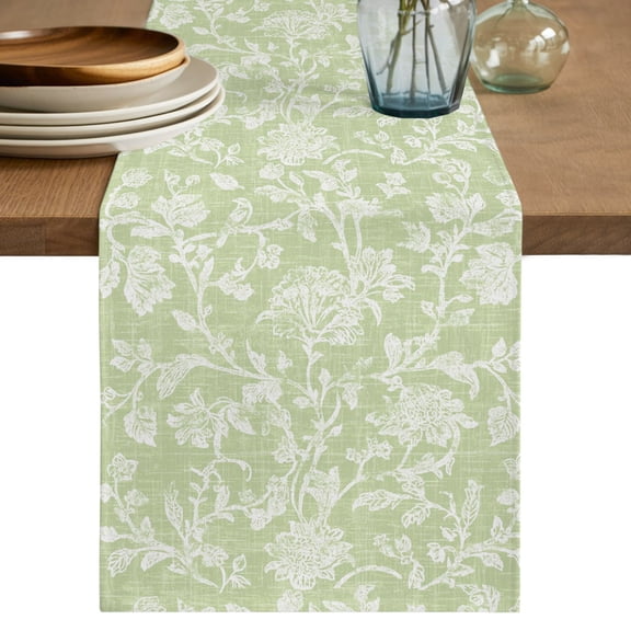 Botanical Rose Bud Table Runner 60 Inches Long,Vintage Mint Green Floral Leaves Farmhouse Cotton Linen Table Runners Dresser Scarves,Fabric Tabletop Scarf Furniture Cover for Dinner Party 13"x60"