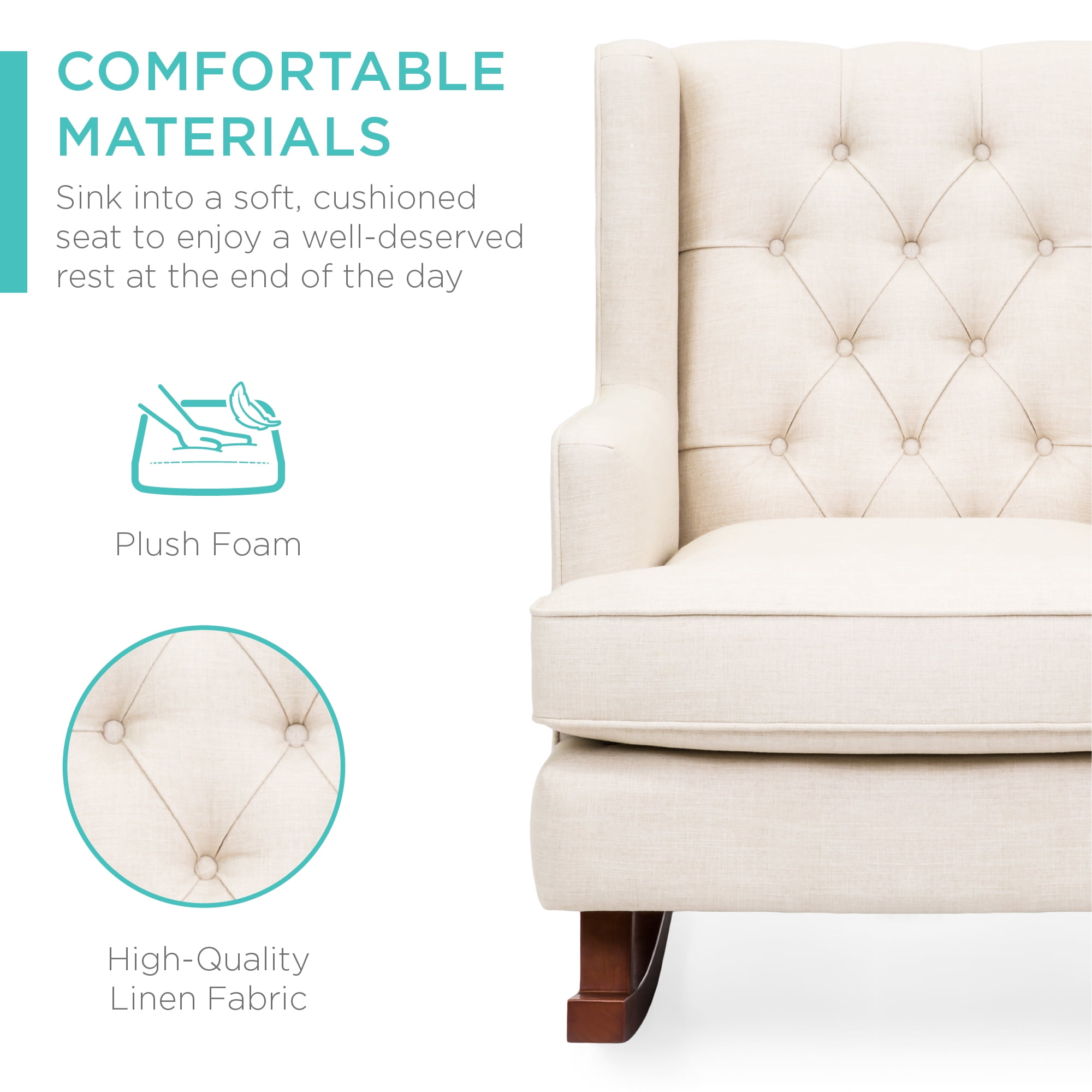 Best Choice Products Rocking Accent Chair, Tufted Upholstered Linen Wingback for Home, Nursery w/ Wood Frame - Beige