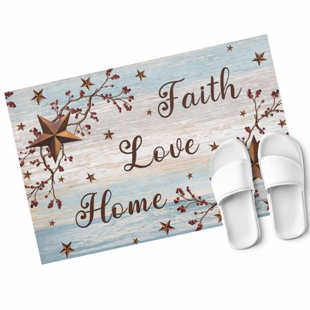 Retro Country Stars Door Mat Faith Love Home Berries Farmhouses Blue Non Slip Absorbent Entrance Mat Washable Low Profile Indoor Doormat for Front Door Entryway Entry 16 x24