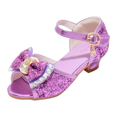 eczipvz Girl Heels Open Front Bow Sequins Sandals for Girls Kids Princess Wedding Formal Ankle High Heel Shoes Purple 2.5