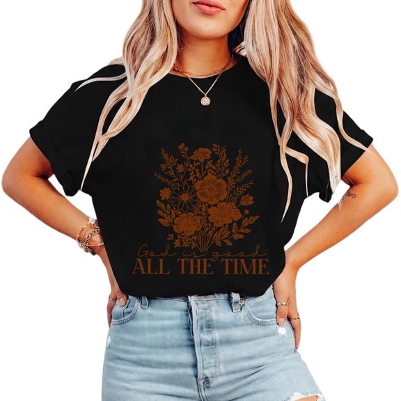 God is Good All The Time & Flower Graphic Tees Christian Biblical Saying Religious Print T-shirts Casual Short Sleeve Tops for Daily Outfits Black,XL