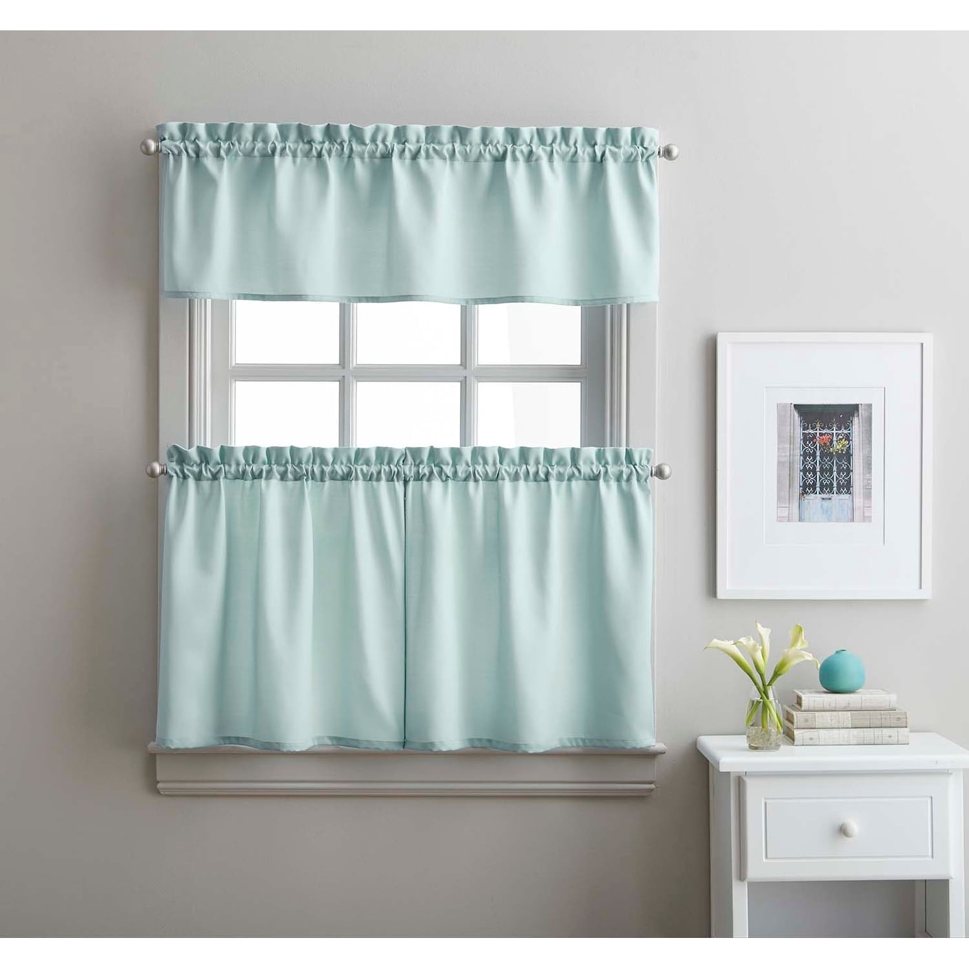 Curtainworks Solid Twill 3-Piece Kitchen Curtain Valance & Tier Set, Indoor, 56"W x 36"L, Adult