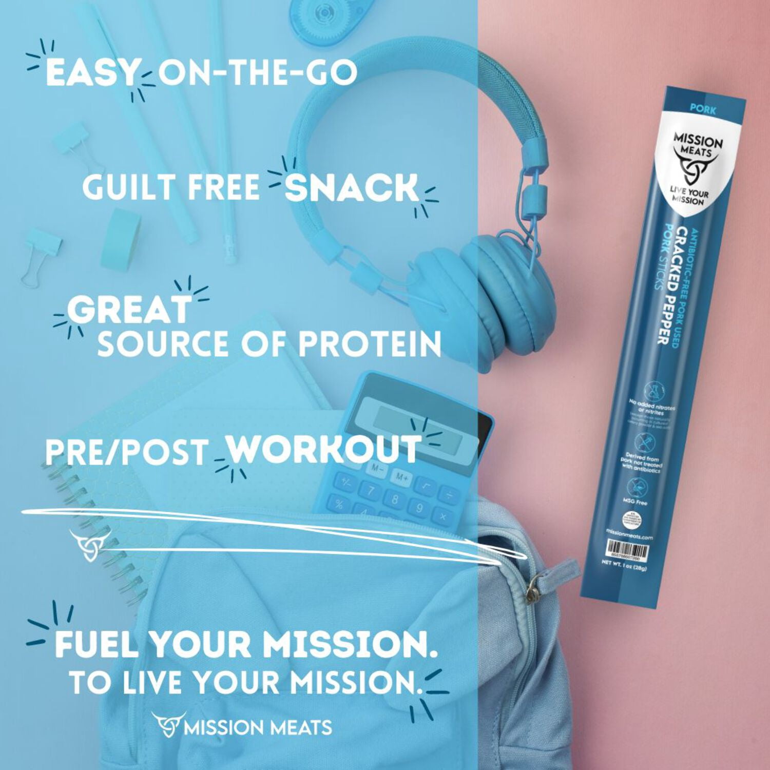 Mission Meats Cracked Pepper Pork Meat Sticks – Healthy Snacks for Kids & Adults, Sugar Free, AIP Friendly, Paleo, Whole 30, 1oz (Pack of 12)