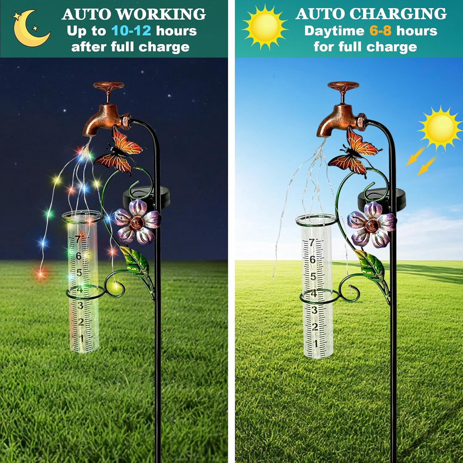 32" Garden Rain Gauge with Thermometer - 7" Glass Tube for Outdoor Indoor Use, Patio Yard Decor Statue