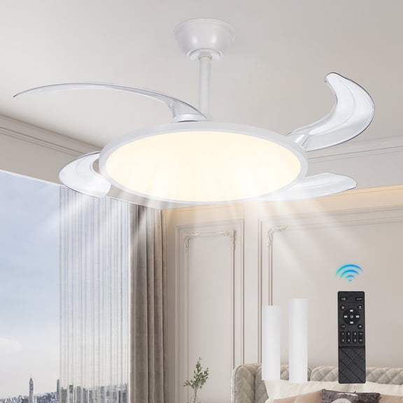 GCGAFUL 42" Ceiling Fan with Light and Remote, Modern White Dimmable Chandelier Fan with 6 Speeds, Reversible and Retractable Blades for Bedroom