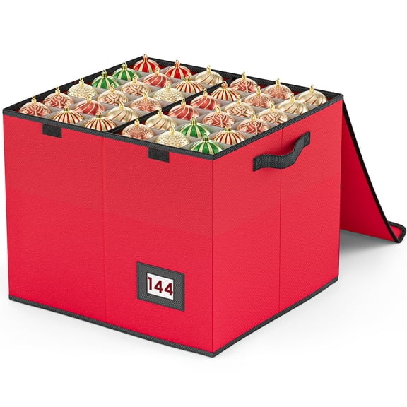 Large Christmas Ornament Storage Box - Stores 144 4" Ornaments, With Dividers - Ornament Organizer Storage Box, Durable Christmas Containers Holder,Red