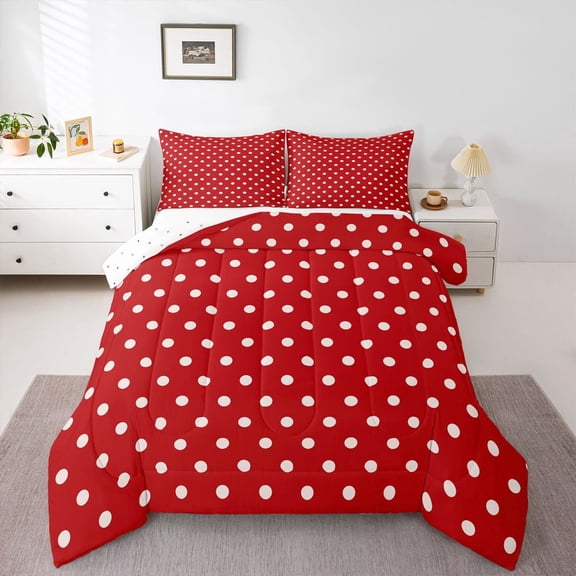 Manfei Polka Dots Boy Girl Bedding Comforter Set 2pcs,Vintage Aesthetic Twin Comforter Sets Microfiber,Red White Breathable Bedding Set,Microfiber Bedroom Decor,Reversible