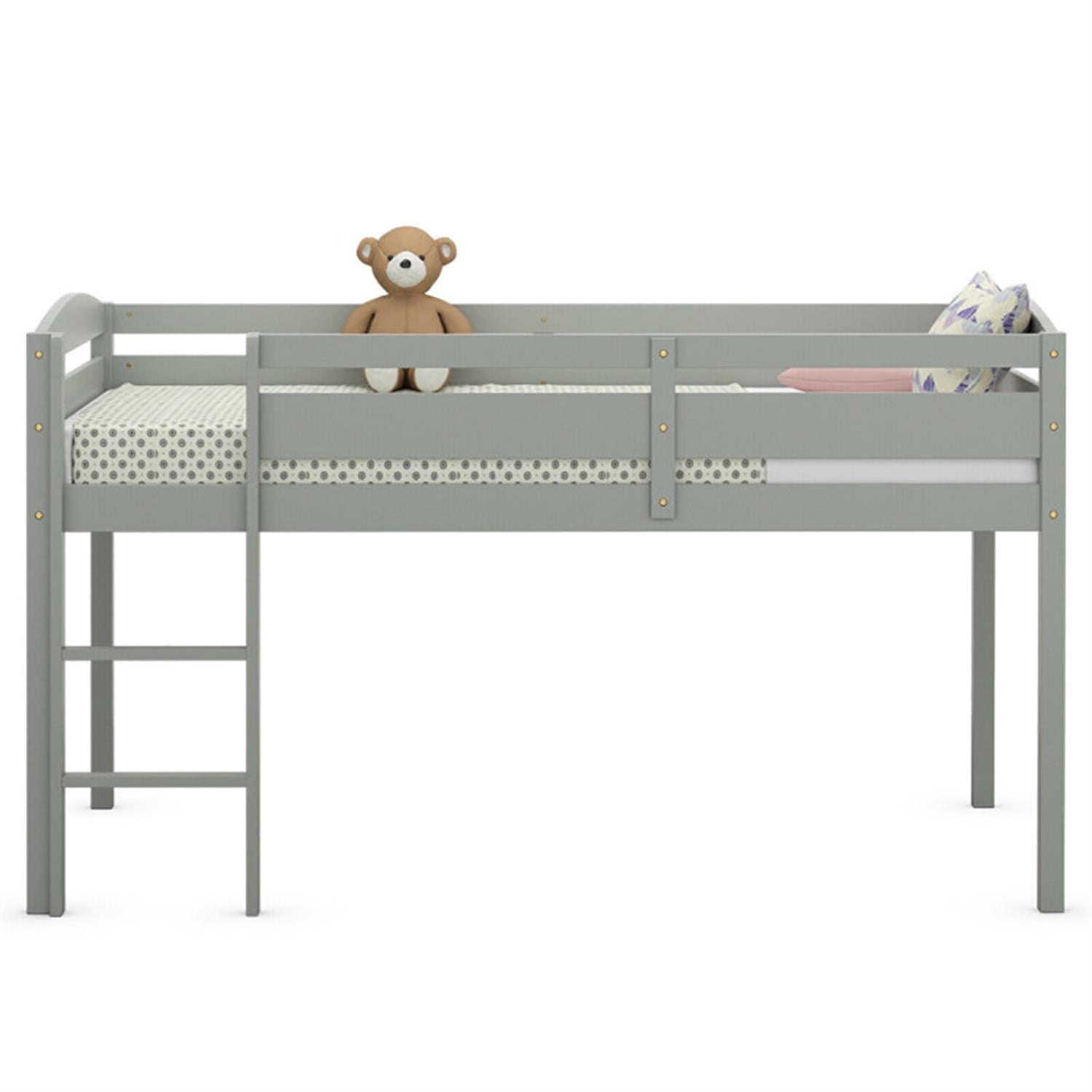 Demi Bonn Loft Bed Twin Size, Solid Wood Low Loft Bed with Guard Rail and Ladder, Modern Wooden Loft Bunk Bed Frame, Gray