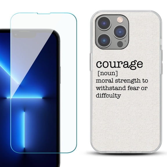 Slim-Fit Gel TPU Phone Case for iPhone 14 Pro Max, with Tempered Glass Screen Protector, by OneToughShield ® - Dictionary/Courage