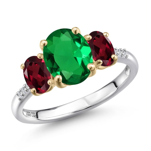 Gem Stone King 925 Silver and 10K Yellow Gold Green Nano Emerald and Red Rhodolite Garnet and Lab Grown Diamond Engagement Ring for Women | 2.56 Cttw | Oval 9X7MM | May Birthstone | Size 7