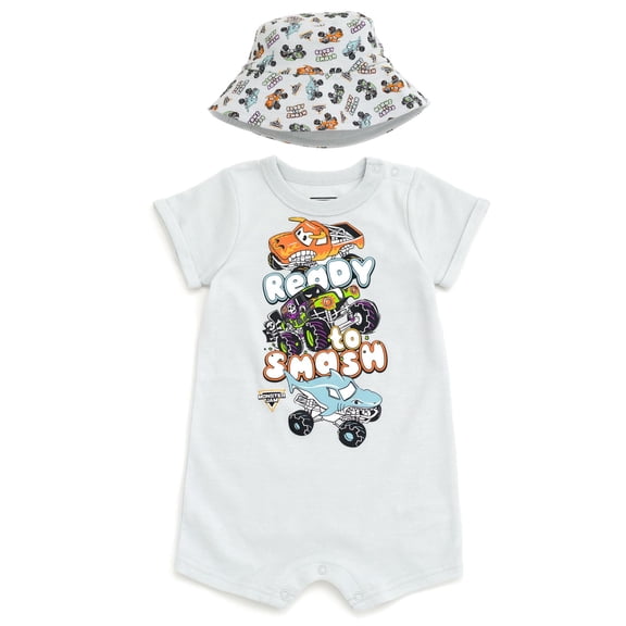 Conjunto para Bebés Niños Monster Jam: Mameluco y Sombrero Tipo Bucket Gris 24 Meses