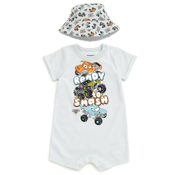 Conjunto para Bebés Niños Monster Jam: Mameluco y Sombrero Tipo Bucket Gris 24 Meses