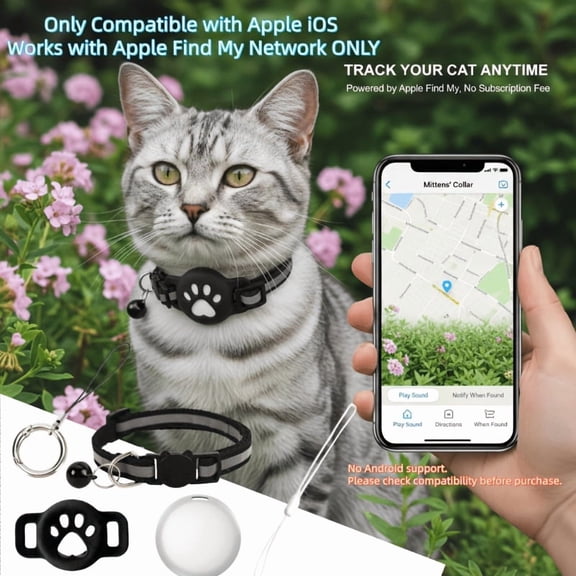 TPKJAM 5-in-1 Smart GPS Pet Tracker for Cats & Kittens - iOS Compatible Collar Kit, Locator & Leashes