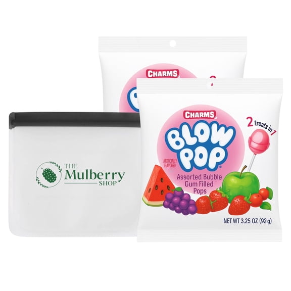 Charms Blow Pops Lollipops Assorted Flavors Individually Wrapped 2 Pack 3.25 oz with Reusable Snack Bag by The Mulberry Shop