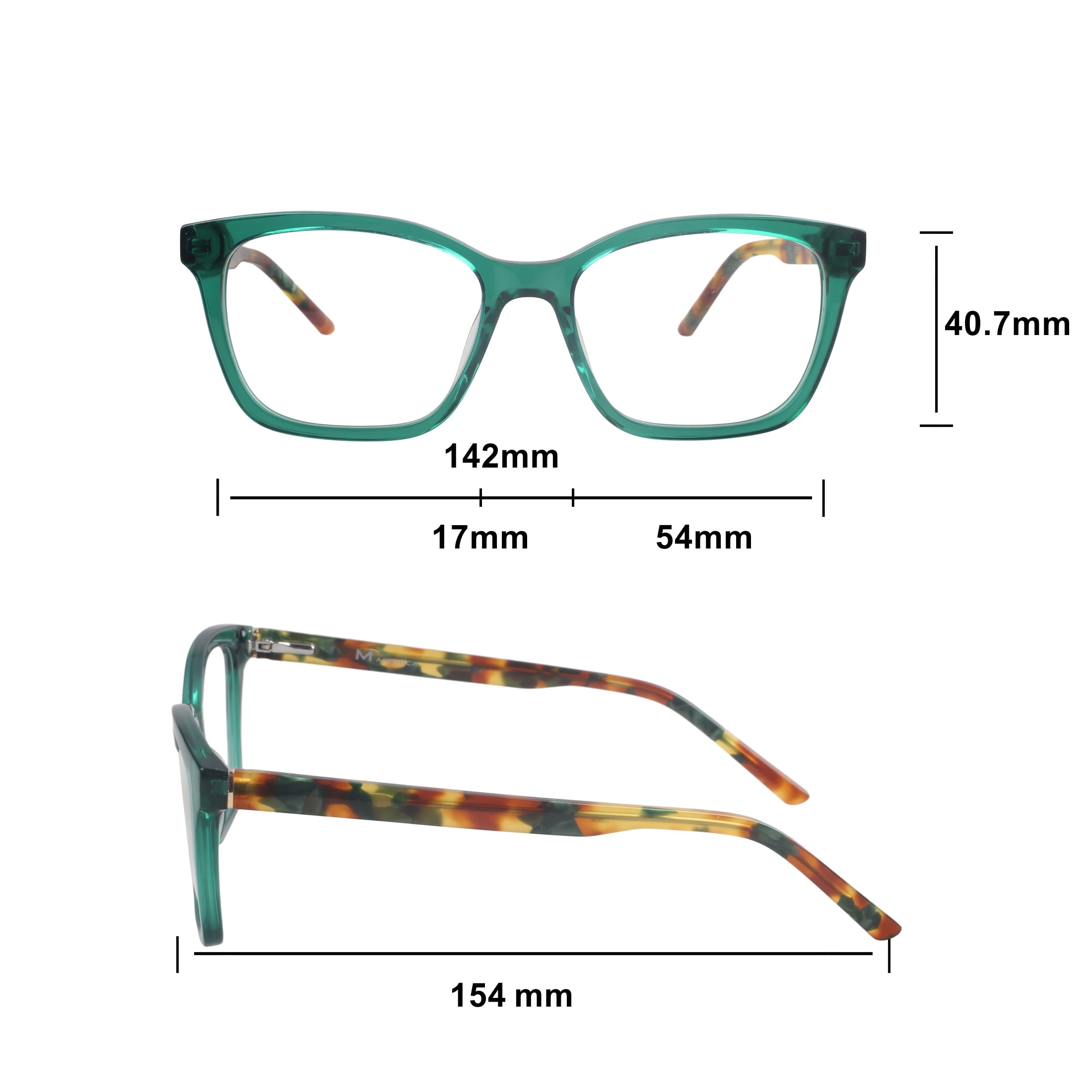 M America's Essex Women's Rx'able Eyeglasses, 54-17-140, Crystal Green Tortoise, Square Plastic Frame