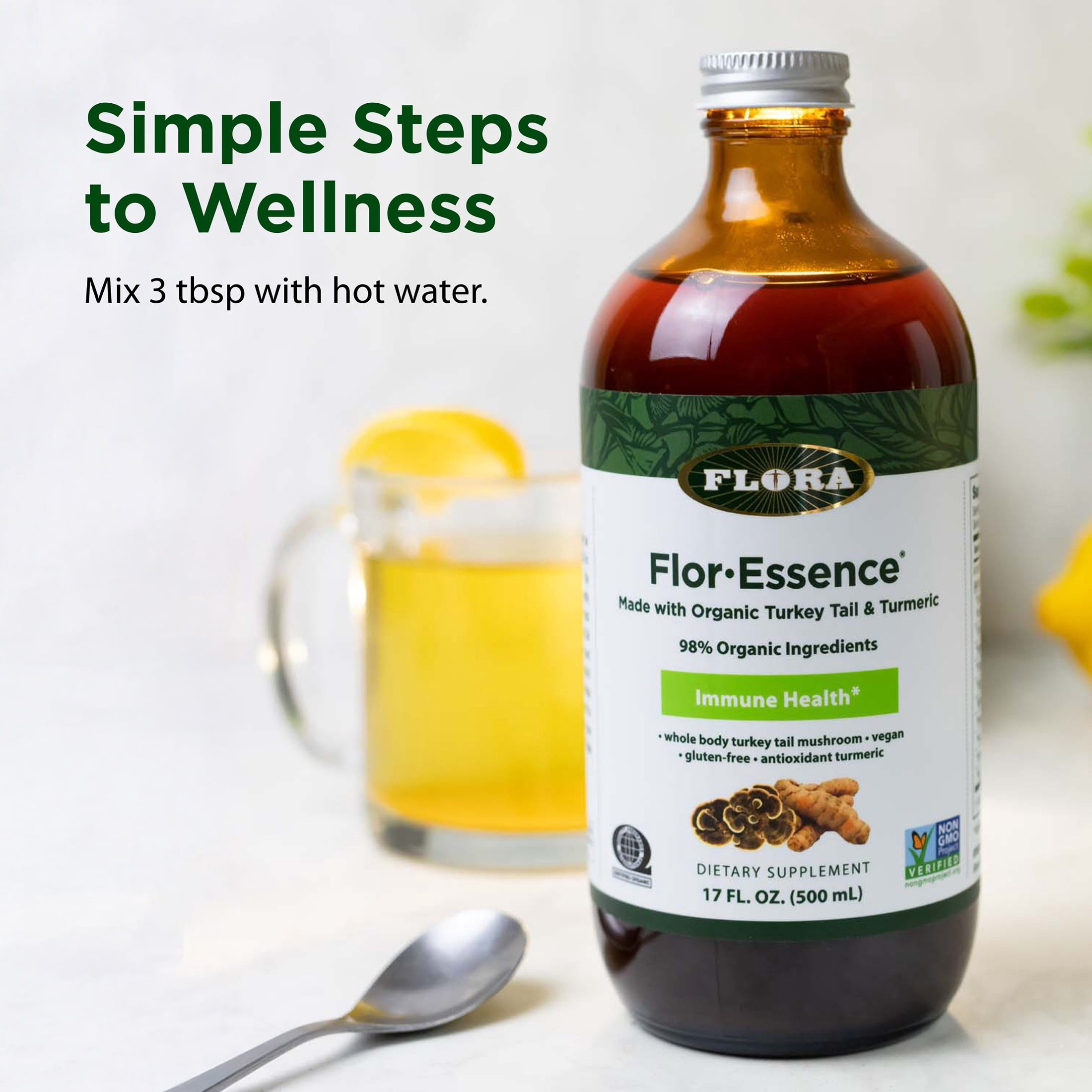 Flora Health Flor-Essence with Turkey Tail & Turmeric, Rich in Polysaccharides, 35+ Phenolic Compounds with Antioxidants and Immunity Support, 17-fl. oz. Glass Bottle