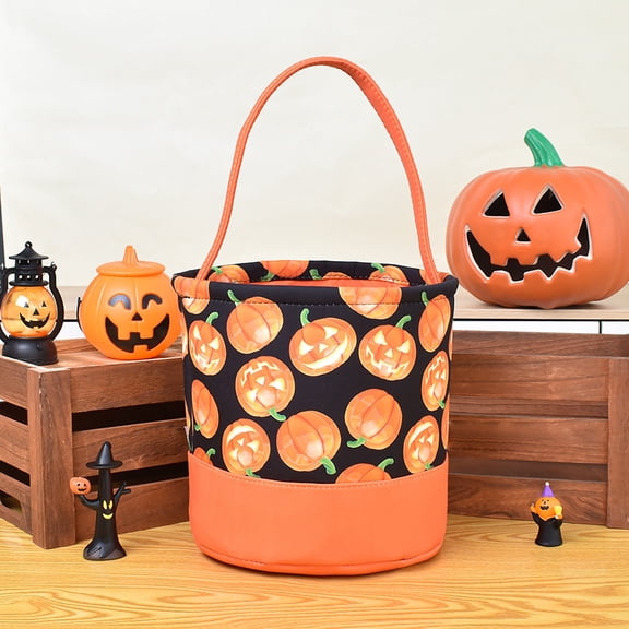 Halloween Pumpkin Candy Basket, Flax Candy Bag Tote with Handle for Trick Or Treat, Reusable Gift Storage Bucket for Halloween Party Decorations