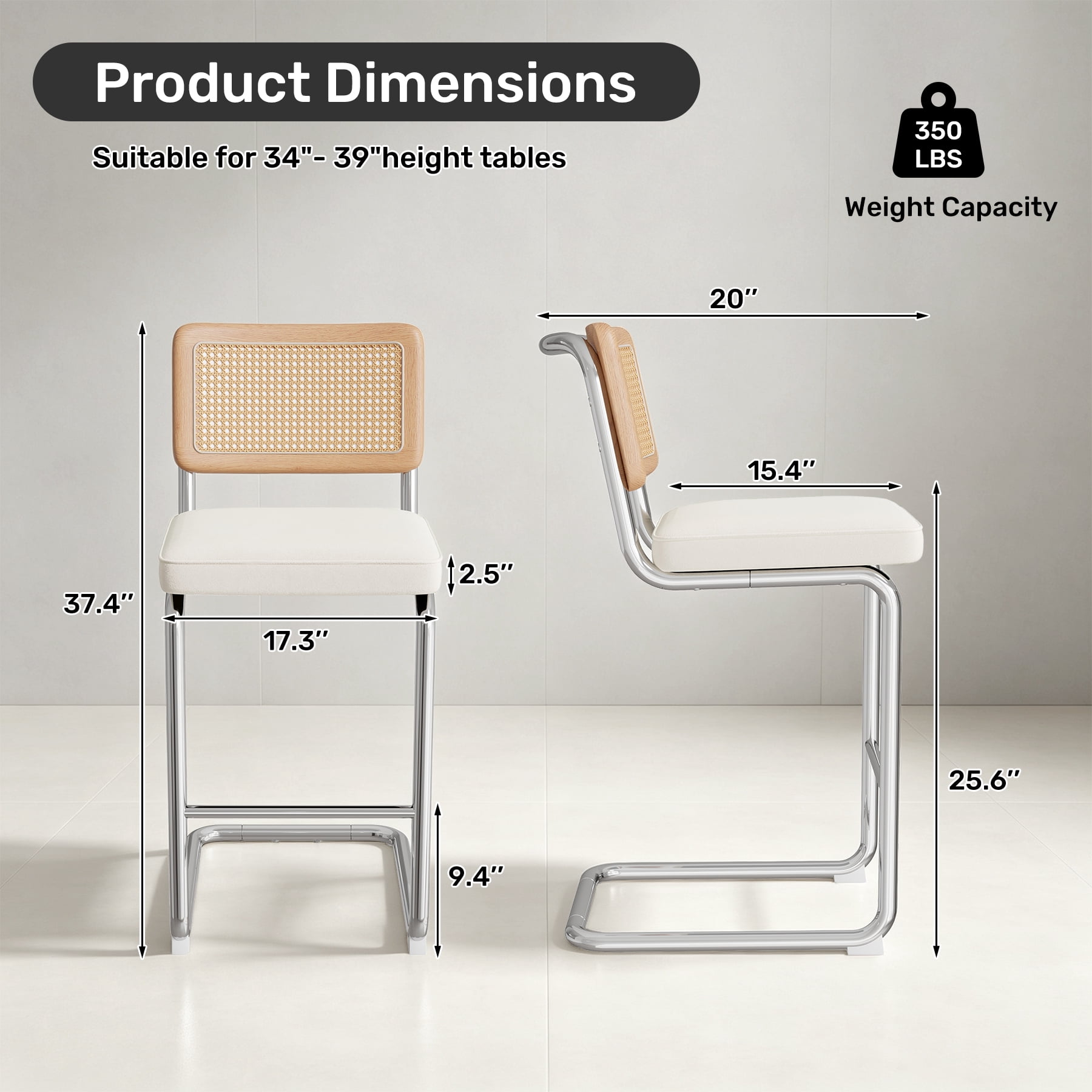 MOONMISS 25.6″ Bar Stools Set of 6,Velvet Counter Height Chairs with Rattan Back & Metal Legs,Mid Century Cantilevered Design for Kitchen Island,Beige