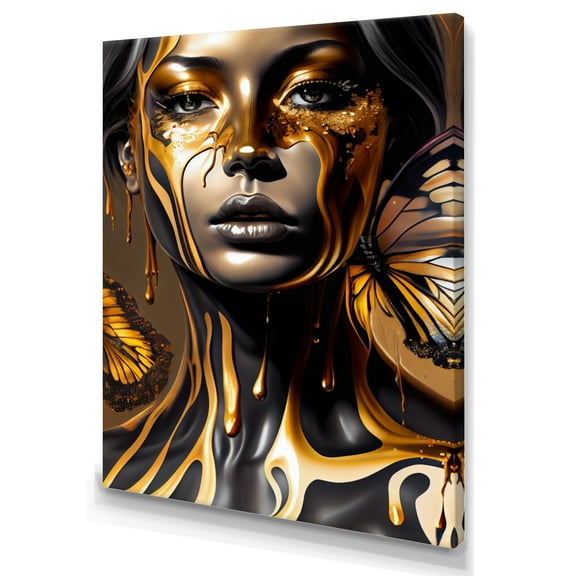 Designart Attractive Woman With Gold Butterflies II Canvas Wall Art