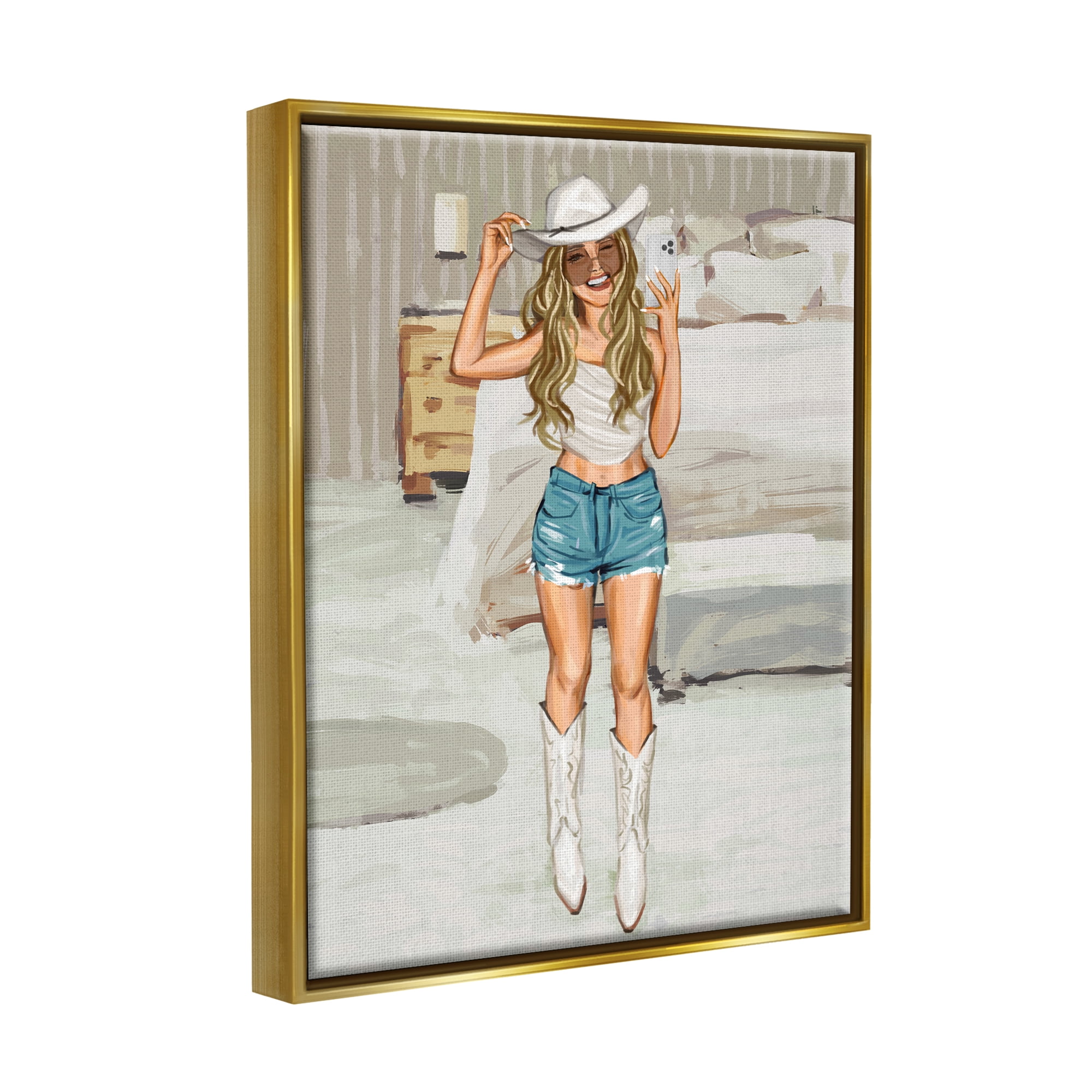 Stupell Industries Cowgirl Selfie Portrait Beauty & Fashion Painting Gold Floater Framed Canvas Art Print Wall Art, 17 x 21