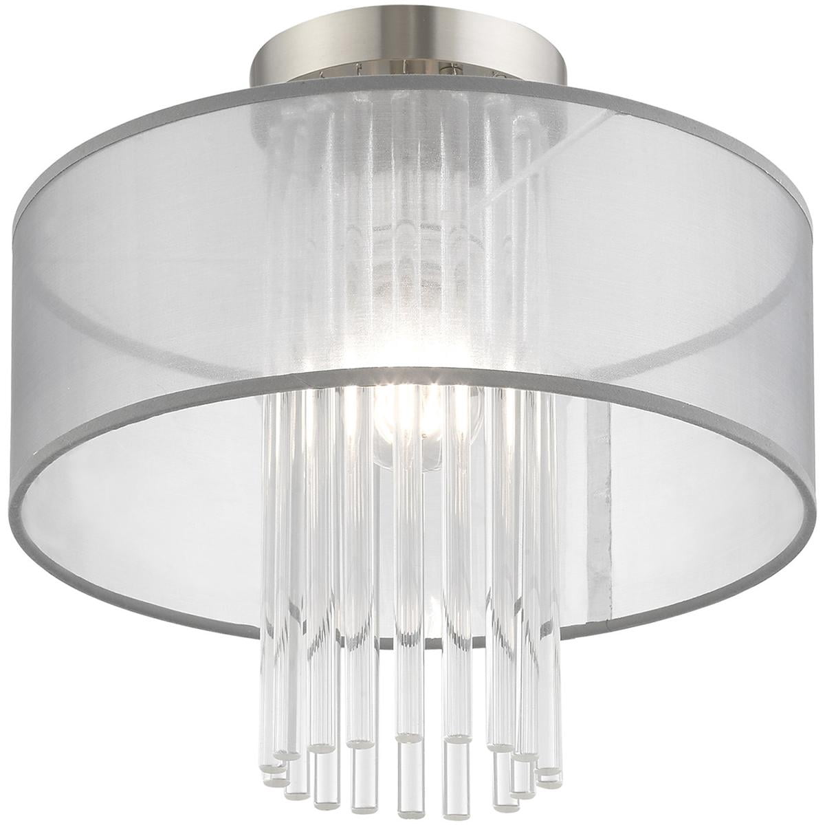 1 Light Brushed Nickel Ceiling Light fixture with Clear Crystal Rods/ Hand Crafted Translucent Gray Fabric Shade